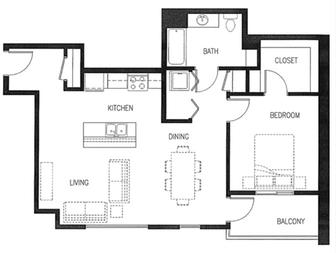 Floor plan for 1 bed, 1 bath, 854 sqft